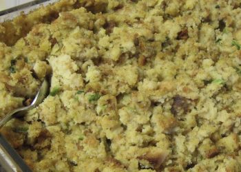 Step-by-step image guide on making herb-infused cornbread dressing, showcasing the golden-baked cornbread, fresh herbs, and the final delicious dressing ready to be served.